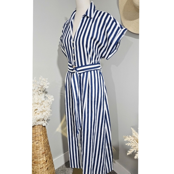 Zara Navy White Striped Linen Blend  Belted Midi Dress - Picture 2 of 9